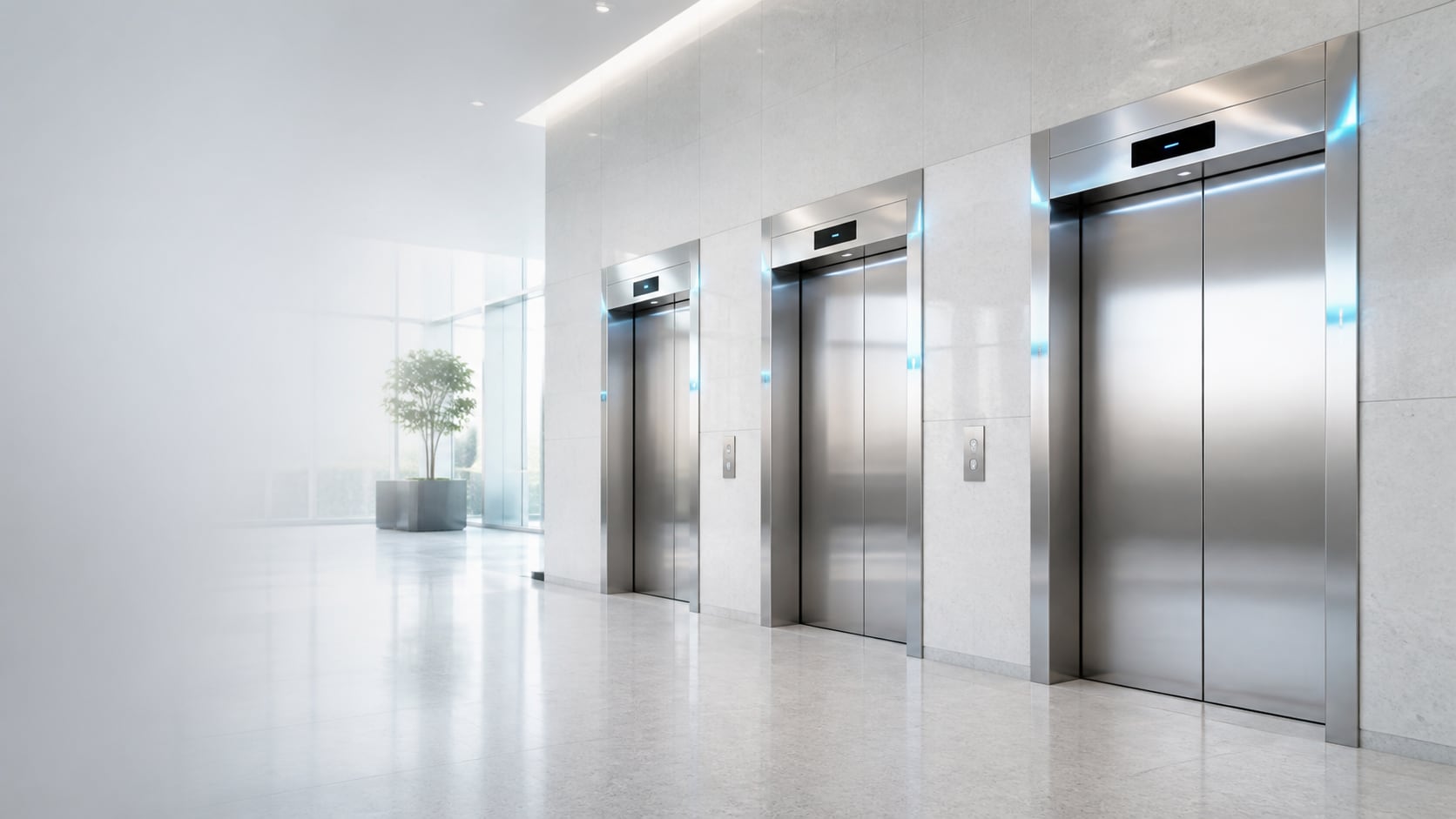 Moderne Aufzuggruppe in einem hellen Gebäudefoyer